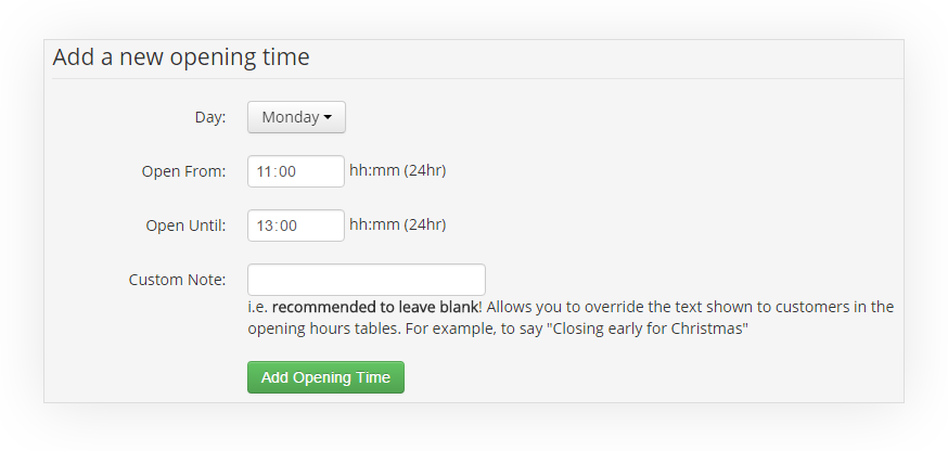 Add a new opening time to your takeaway online ordering website for restaurants